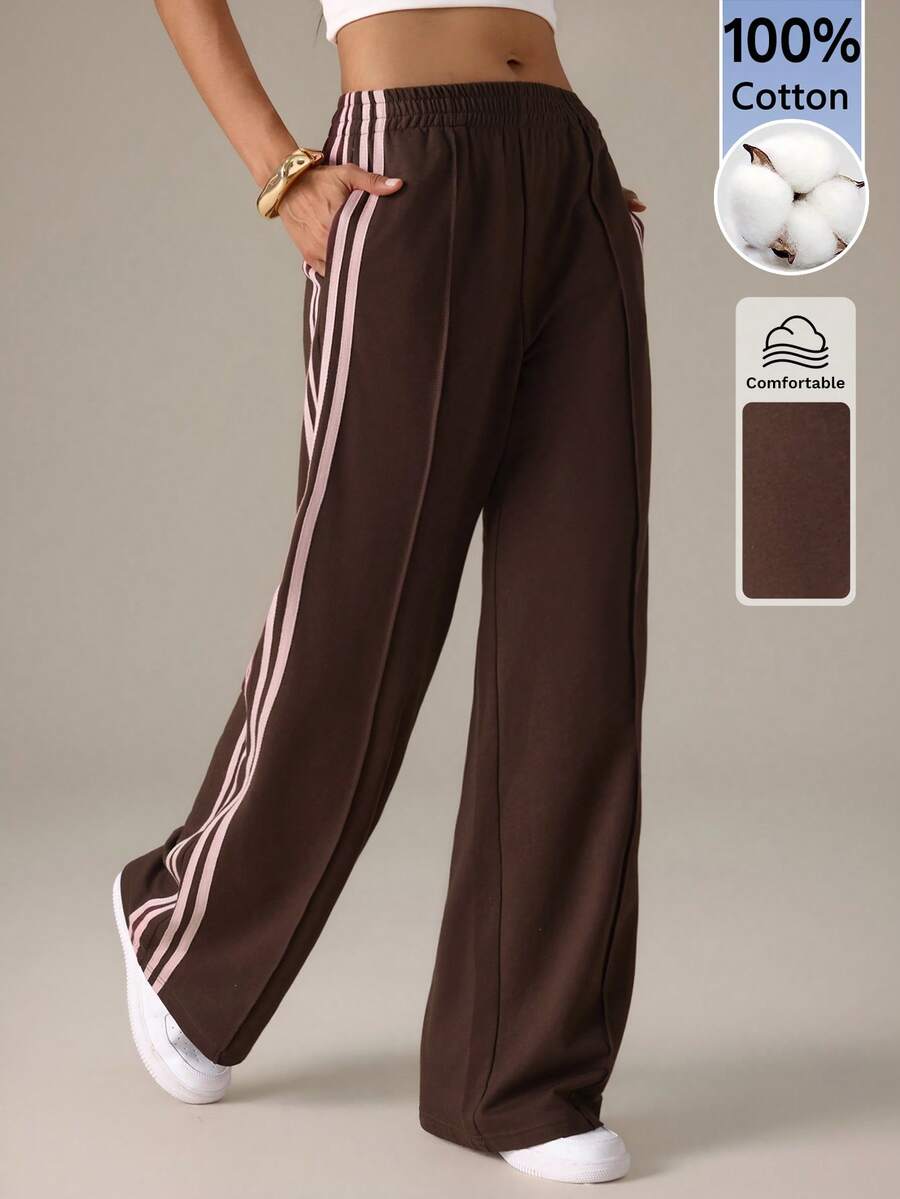 SHEIN Tall Women's Elastic Waist Side Stripe Wide Leg Loose Casual Sports Pants, Back To School - Brown - View 1