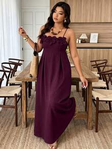 Weeklong Plus Size Women's Spring/Summer Spaghetti Strap Dress With 3D Floral Decor, Cinched Waist, A-Line Casual Elegant Wedding Formal Burgundy - Burgundy - View 7