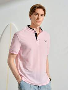 Men Antler Embroidery Mock Neck Contrast Trim Polo Shirt - Baby Pink - View 5