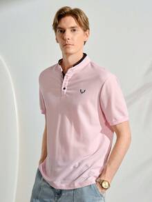 Men Antler Embroidery Mock Neck Contrast Trim Polo Shirt - Baby Pink - View 6