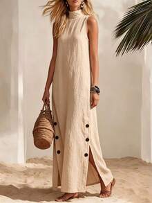 Everyssa Summer Casual Solid Color Linen Sleeveless Side Slit Dress, Beach Vacation Minimalist Style, Fashionable Versatile - Khaki - View 4