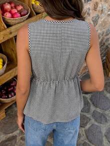 Flora Isola Flora Isola Damen Sommer Karomuster Schnürung Cut Out V-Ausschnitt Tailliert Rüschen Saum Ärmellos Tanktop Französischer Süß & Würzig Stil Lässig Pendeln Crop Top - Verschiedenfarbig - Übersicht 2