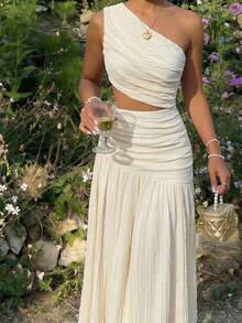 Skyraze Chic Basic Romantic White Textured For Women One Shoulder Ruffled Long Dress Perfect For Summer, Elegant Dress, Vacation - Apricot - View 2