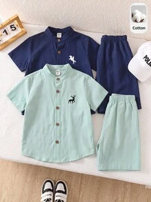 SHEIN 2件組青少年男孩夏季休閒可愛簡約學院風白色純色短袖襯衫，立領基礎款多件組，適合生日派對、電音派對、晚宴、表演、婚禮 - 彩色 - 查看 4