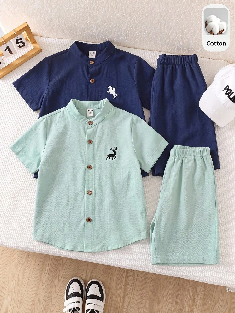 SHEIN 2pcs Tween Boy Summer Casual Cute Minimalist Preppy White Solid Color Short Sleeve Shirts, Stand Collar Basic Shirts Multi-Pack, Suitable For Birthday Party, Rave, Evening Party, Performance, Wedding - Multicolor - View 1