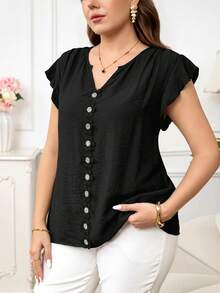 Reflora Blusa suelta de manga corta con textura, patchwork, volantes y encaje para mujer de talla grande, primavera/verano - Negro - Ver 6