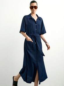 Aalyst 女款素色百褶休閒日常穿著夏季中長洋裝 - 藏蓝色 - 查看 7