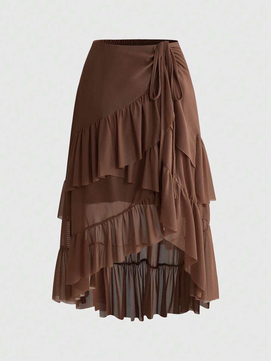 ROMWE Hippie Boho Ruffle Layered Women's Skirt - Brown - View 1