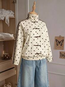 Comfortcana Plus Size Colorblock Striped Polka Dot Print Sweatshirt Fall - Apricot - View 7