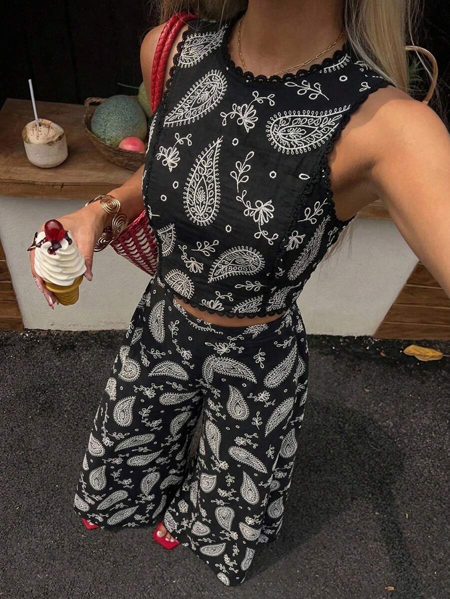 DAZY 春夏新款女款無袖刺繡鏤空蕾絲長洋裝度假套裝 2件組 - 黑色 - 查看 1