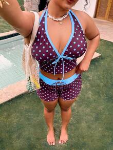 Swim Mod Plus Size Polka Dot Print Tankini Set - Multicolor - View 3