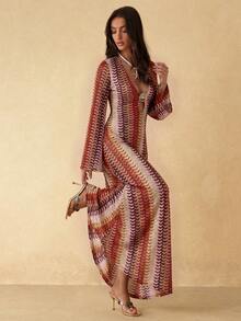 Silquee Vestido de malla de punto con cuello en V y manga larga para mujer, primavera/verano - Multicolor - Ver 1