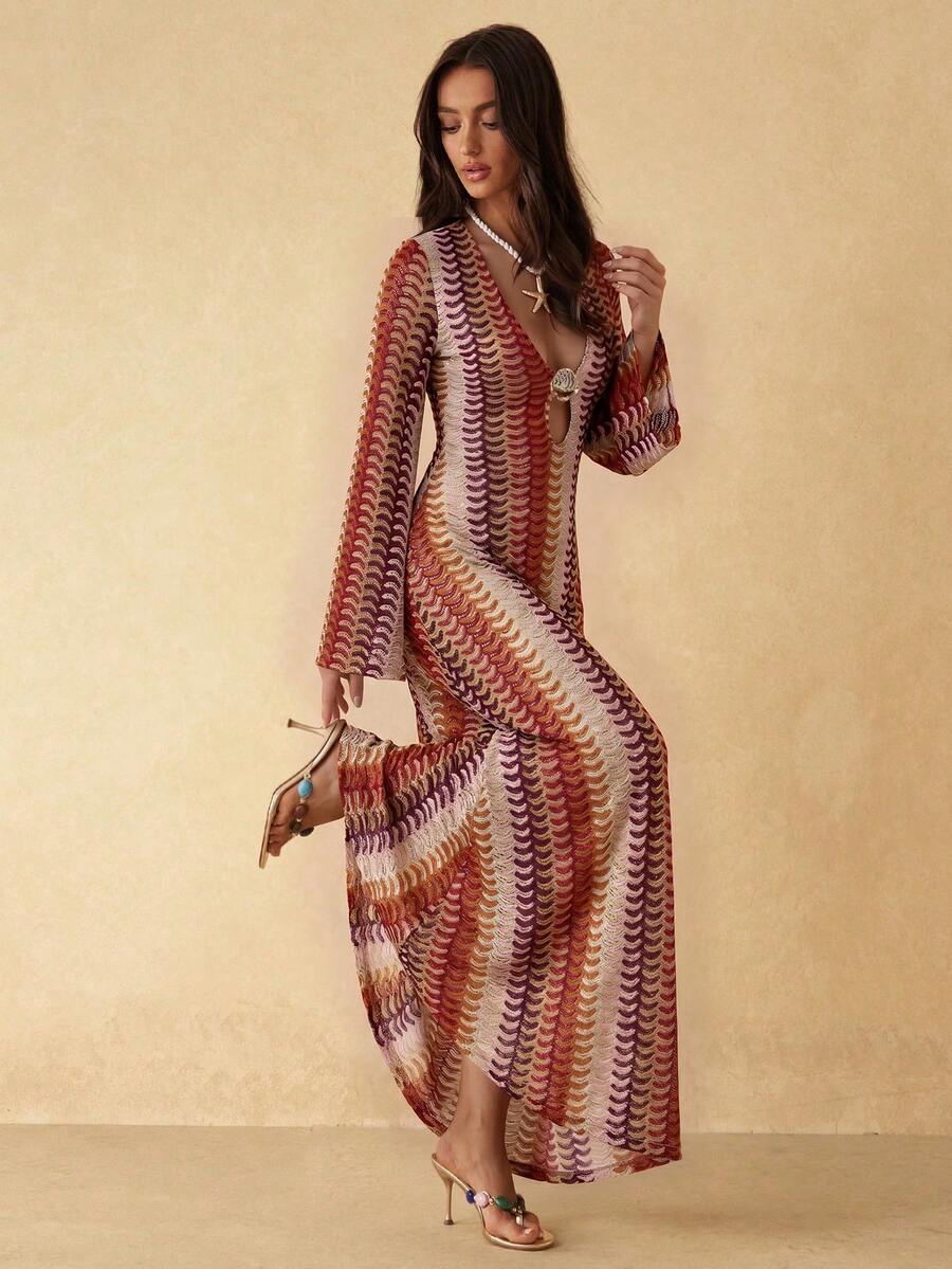 Silquee Vestido de malla de punto con cuello en V y manga larga para mujer, primavera/verano - Multicolor - Ver 1