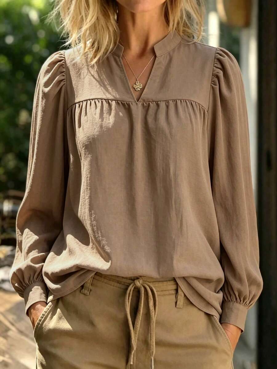 Linhara CURVE Women's Spring/Summer Stand Collar Puff Sleeve Elegant Long Sleeve Blouse Top, Suitable For Dating / Commuting / Afternoon Tea With Friends Fall - Coffee Brown - View 1