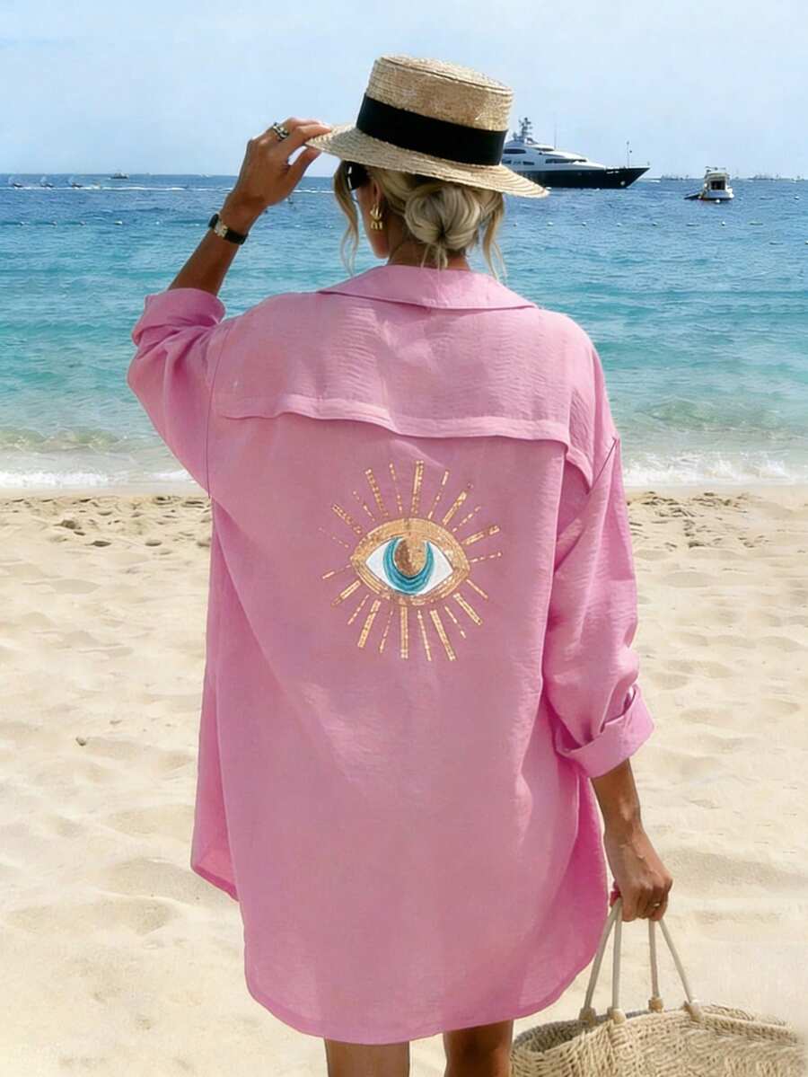 INAWLY 女款翻領單排扣眼睛印花休閒度假日常旅行中長洋裝 - 粉色 - 查看 1