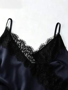 Franclia 女款優雅性感 2026 春夏細肩帶蕾絲緞面不對稱洋裝 深藍色派對夜出穿搭 - 寶藍色 - 查看 5
