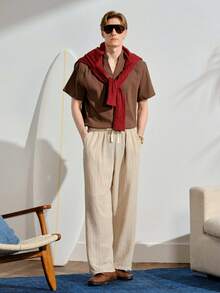 Men's Casual Solid Color Short Sleeve Shirt, Summer, White Linen Beach Top, Casual V-Neck Henley, Hippie Bohemian Style Loose Fit Blouse - Coffee Brown - View 3