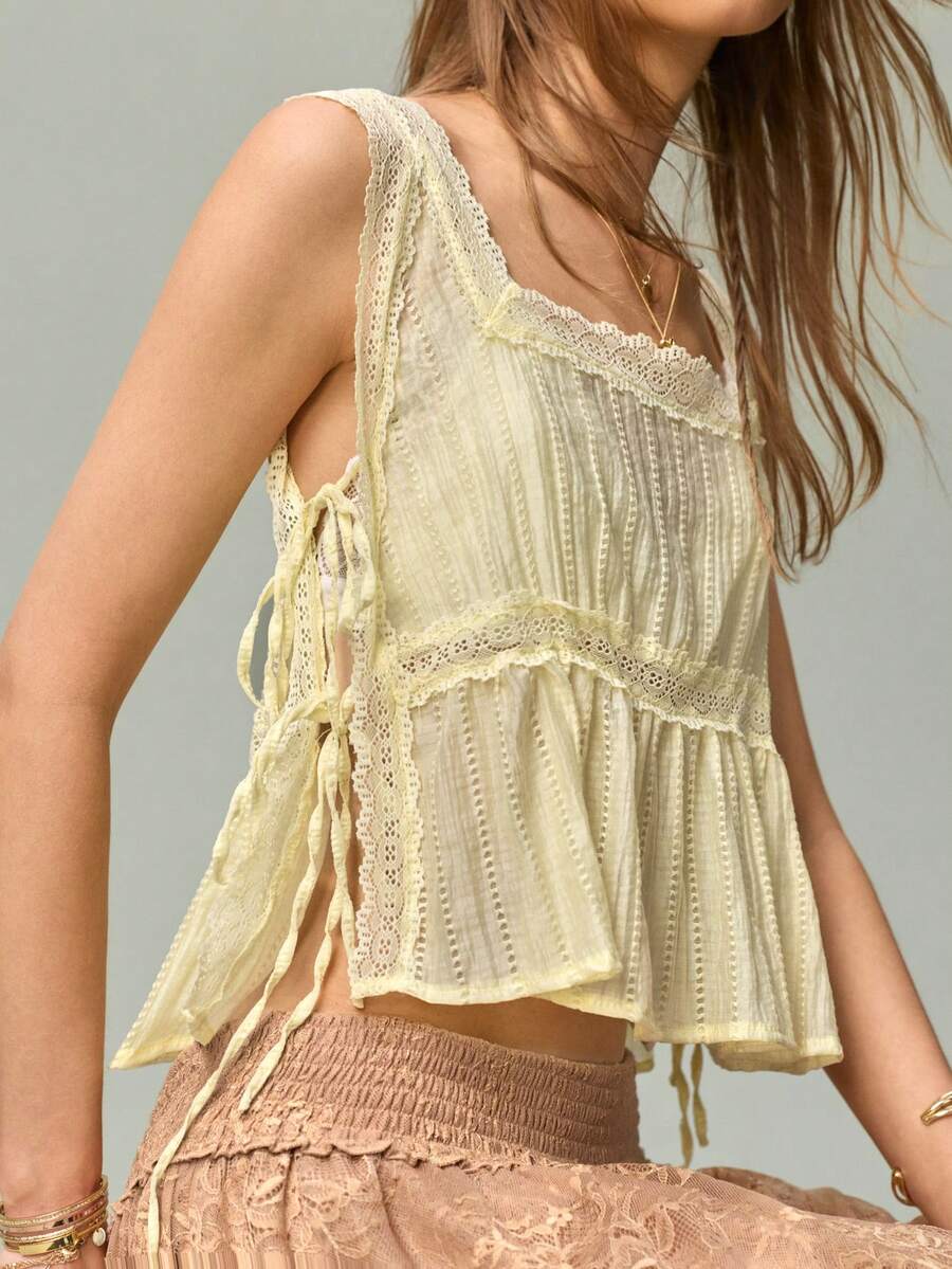 SHEIN Women's Square Neck Lace Trim Patchwork Tie-Up Elegant Fashion Versatile Tank Top - Yellow - View 1