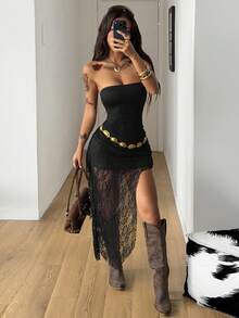 Coolane Women's Summer Streetwear Y2K Chic Date Night Vacation Music Festival  Lace Concert Sleeveless Asymmetrical 34%Cotton Dress,Black For Women - Black - View 6