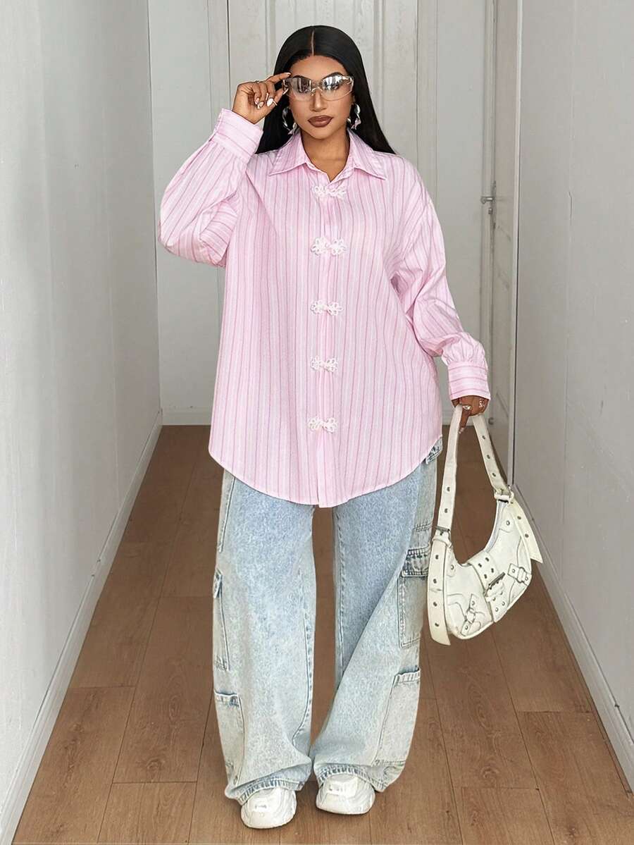 Maweii Plus Size Sweet Frog Button Striped Long Sleeve Shirt Streetwear Fall - Multicolor - View 1