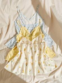 Lullawish 3pcs Bohemian Vacation Style Floral & Plaid Print Contrast Solid Color Lace Trim Camisole Sleepwear Tops For Women - Multicolor - View 3