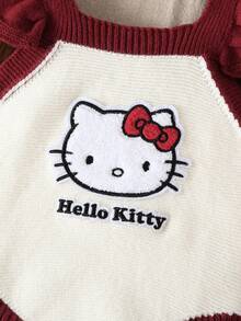 HELLO KITTY AND FRIENDS | SHEIN GraphicGems 女嬰針織連身衣，3D毛巾刺繡方領荷葉袖，簡約可愛淑女風卡通圖案，紅色米色，適合春秋冬季新生兒外出、派對、假期與戶外玩耍 - 彩色 - 查看 7