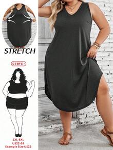 SHEIN CURVE+ 大尺碼女款純色圓弧下擺背心洋裝 - 深灰色 - 查看 1