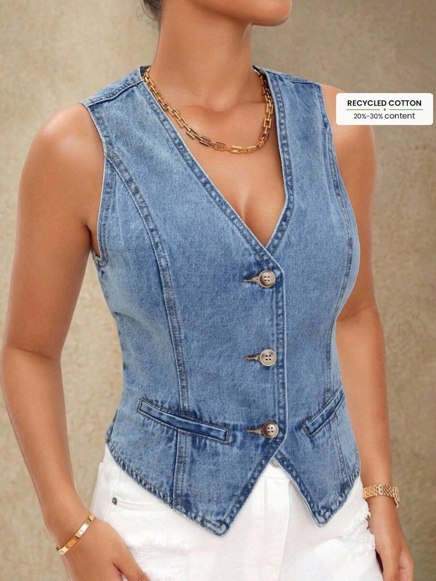 Selenza Plus Size Solid Color V-Neck Sleeveless Front Button Summer Fashion Denim Jacket - Blue - View 1