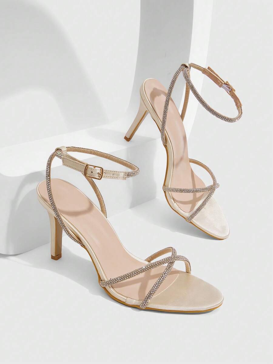 CUCCOO SZL Multi-Colored Rhinestone Cross With Round Toe Thin Heel Buckle Sandals Exquisite Party Style Spring And Summer Models - Champagne - View 1