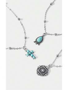 Noxbound 3pcs Turquoise Western Cowgirl Chain Necklace Set (Length May Be Trimmed, Not Counted By Bead Quantity) - Antique Silver - View 2