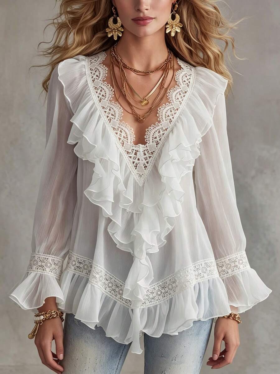 LUMIGAL Atasan Wanita Lengan Panjang Warna Putih Polos dengan Kerah V, Motif Patchwork Renda, dan Hiasan Ruffle untuk Musim Semi/Gugur, Cocok untuk Gaya Elegan, Kasual Modis, dan Mewah Serbaguna.