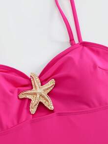 Bonvoyette Swim Oasis 女款夏季純色細肩帶海星裝飾長洋裝與連身泳衣兩件套 - 玫紅色 - 查看 5