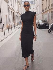 Maija Black Summer Chic Brunch Vacation Everyday Date Going Out Elegant Modest Shoulder Design Cinched Waist Long Dress Business Commuter Modern Urban Women - Black - View 1