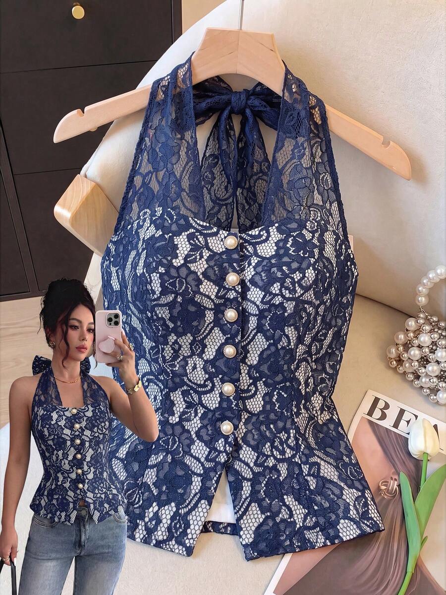 Selianne Women's Backless Casual Romantic Vacation Bohemian Style Beachwear, Valentine's Day, New Year, Party Birthday Day Party, Summer Elegant White Floral - Navy Blue - View 1