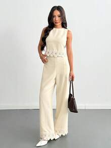 Cévolie Conjunto de 2 piezas de blusa sin mangas con dobladillo de encaje en contraste y pantalones de unicolor para mujer, beige, casual elegante para brunch y vacaciones de verano - Caqui - Ver 7