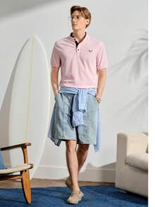 Men Antler Embroidery Mock Neck Contrast Trim Polo Shirt - Baby Pink - View 9