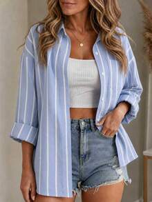 SHEIN LUNE Plus Size Women's Striped Single-Breasted Casual Tropical Versatile Everyday Outing Shirt Autumn Vacation Light Blue Formal - Multicolor - View 1