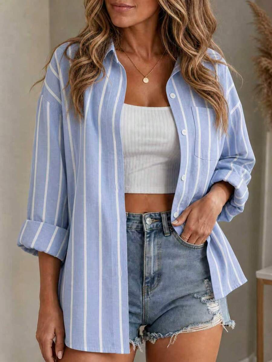 SHEIN LUNE Plus Size Women's Striped Single-Breasted Casual Tropical Versatile Everyday Outing Shirt Autumn Vacation Light Blue Formal - Multicolor - View 1
