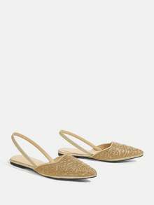 CUCCOO TILAWA Women Rhinestone Decor Pointed Toe Slingback Flat Sandals, Elegant Golden Glitter Back Strap Mule Pumps, Wedding Party Dress Slip On Shoes - Gold - View 3