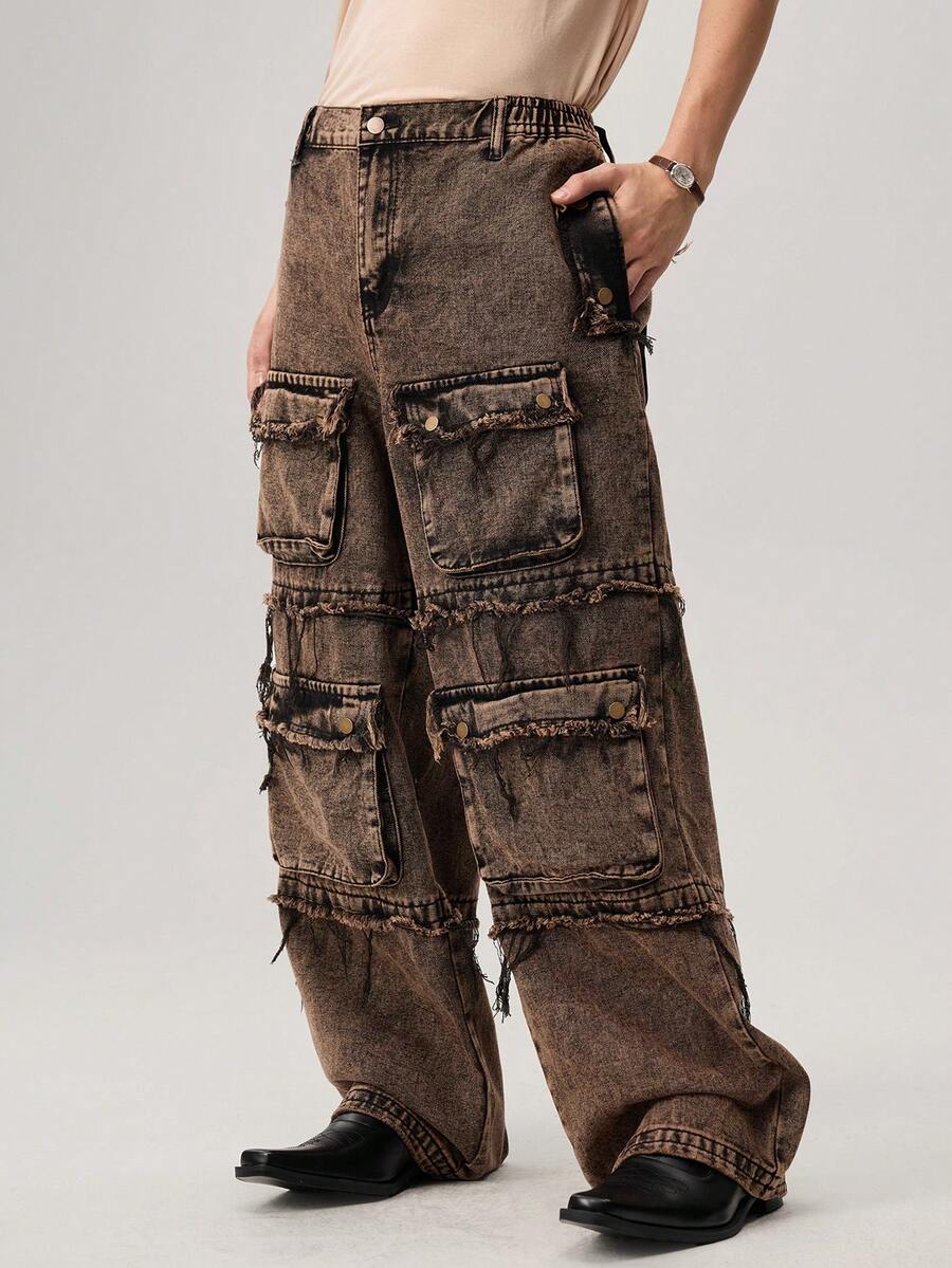 Manfinity Streetrush Men's Jeans With Chain Decor, Fashion Streetwear Men Jeans Baggy Cargo Jeans Hang Out Going Out Party Vacation Urban - Brown - View 1