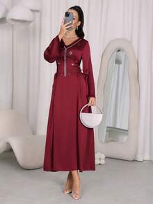 Al Najma Women's Elegant Long Sleeve Arabic Style Dress With Rhinestone Decoration - Burgundy - View 7