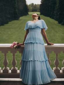 Anewsta Vestido plisado de línea A con cuello en V elegante, cintura ceñida y mangas de murciélago para mujeres de talla grande - Azul - Ver 1