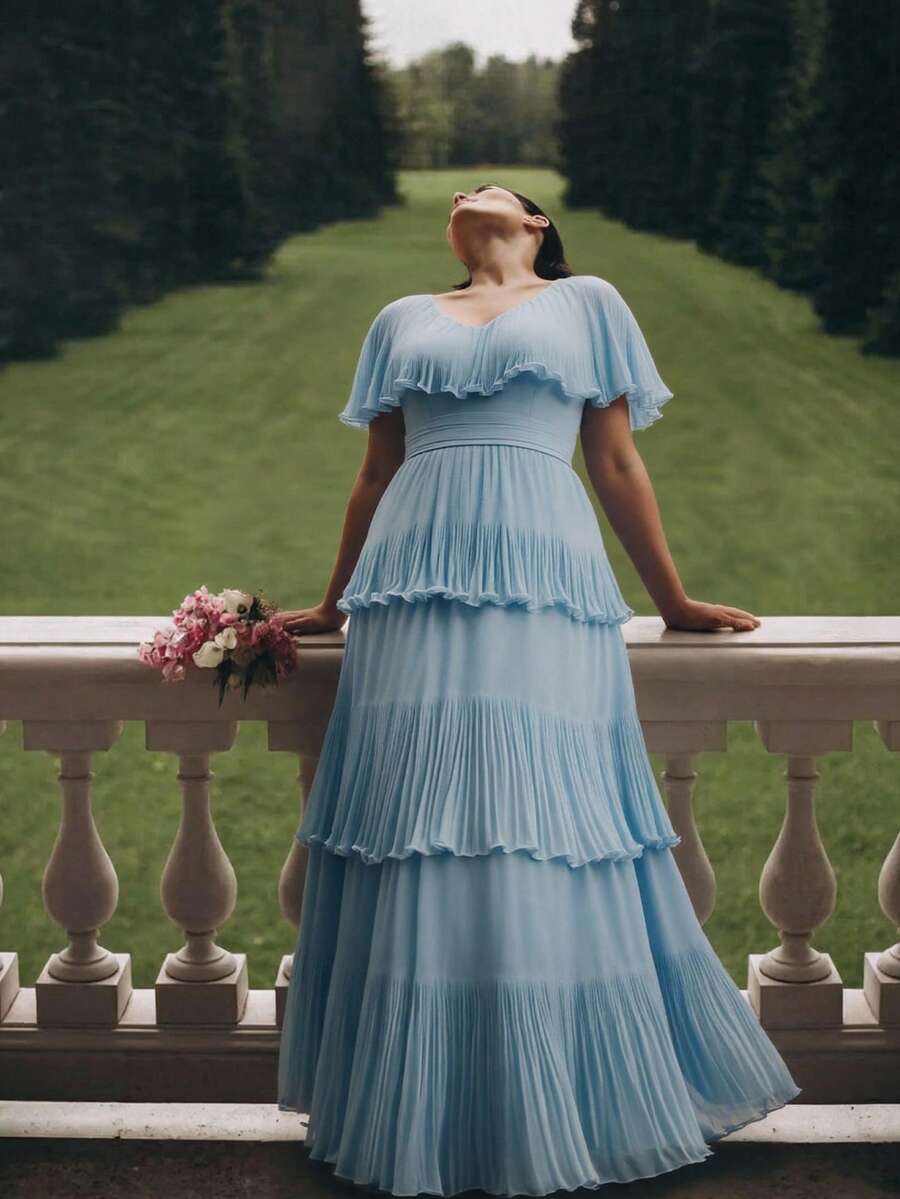 Anewsta Vestido plisado de línea A con cuello en V elegante, cintura ceñida y mangas de murciélago para mujeres de talla grande - Azul - Ver 1