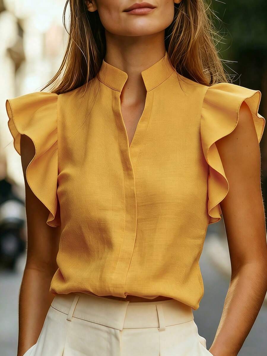 SHEIN 女款小立領荷葉袖上衣,舒適面料V領上衣,適合度假、日常穿著、休閒、海灘、約會、派對、都市夏季假期,百搭造型 - 黃色 - 查看 1
