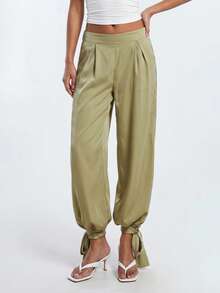 Avantive Women's Fashionable Versatile Solid Color Drawstring Ankle Pants City Break Olive Green Autumn Casual - Green - View 2