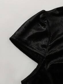 SHEIN 青少年女孩針織天鵝絨立領短袖休閒優雅秋季洋裝 - 黑色 - 查看 5