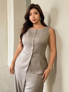Auralis Plus Size Women Solid Color Vest And Pants Casual Elegant Commute Suit Set Office Formal Grey Summer - Khaki - View 7
