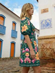 CAJUNI Women's Vacation Floral Print Square Neck Short Puff Sleeve Elegant Dress - Dark Green - View 4