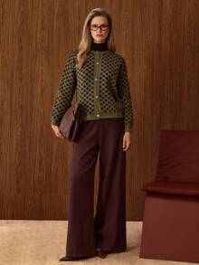 SHEIN Vintage Geo Pattern Contrast Trim Button Front Cropped Knit Cardigan Round Neck Long Sleeve Brown Green Textured Sweater Jacket - Green - View 4