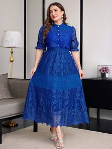 Reflora Vestido Elegante de Talla Grande con Botones de Perlas Falsas y Encaje Celestial Azul Real para Boda, Fiesta, Cóctel, Verano - Azul - Ver 5